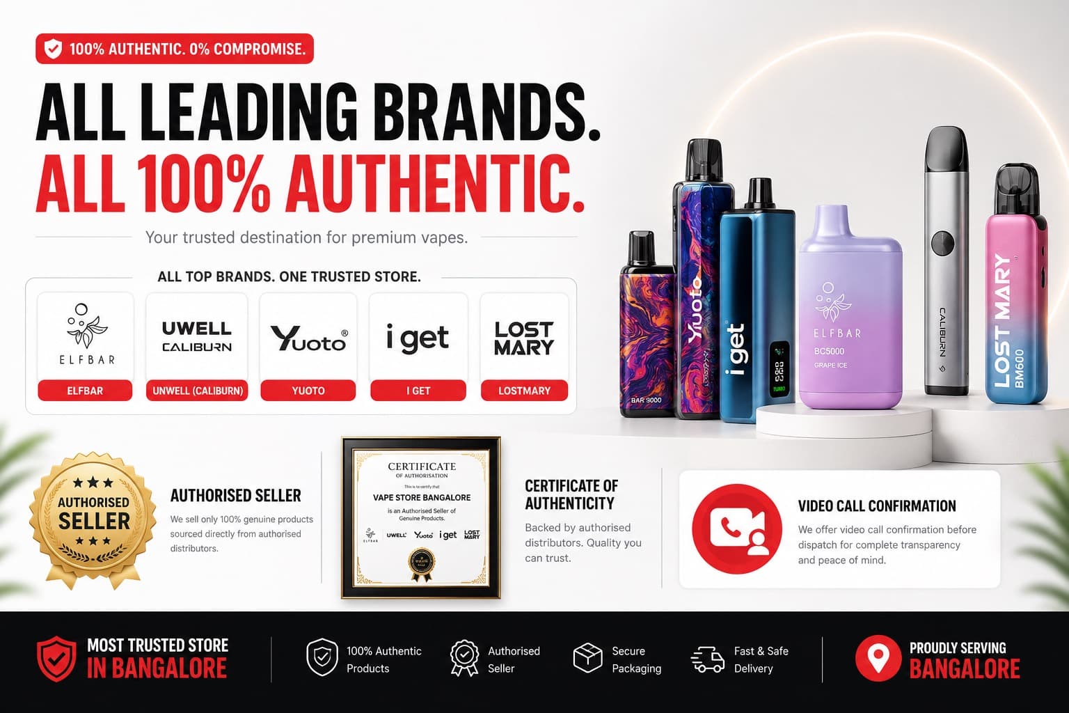 All leading vape brands in Mumbai — Elfbar, Uwell Caliburn, Yuoto, IGET, Lost Mary — 100% authentic authorized seller